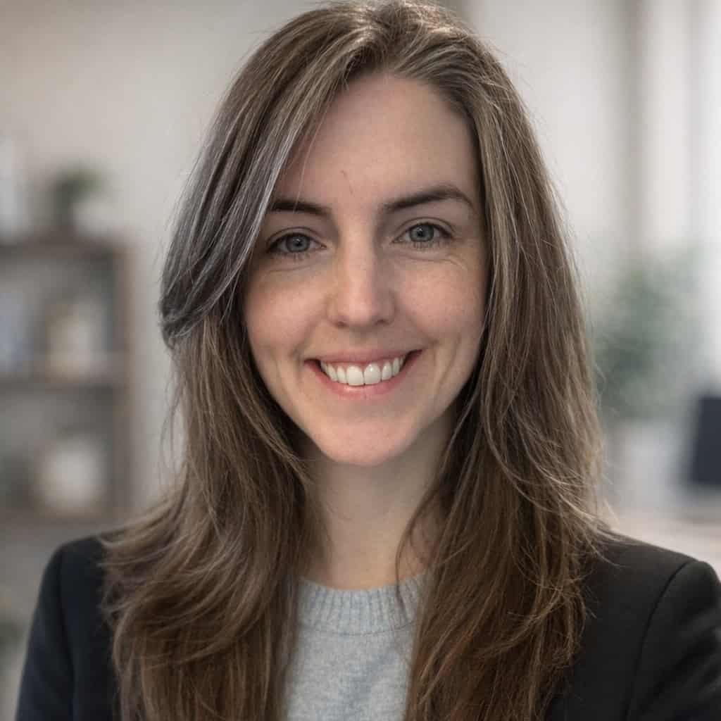 a woman in business attire smiles