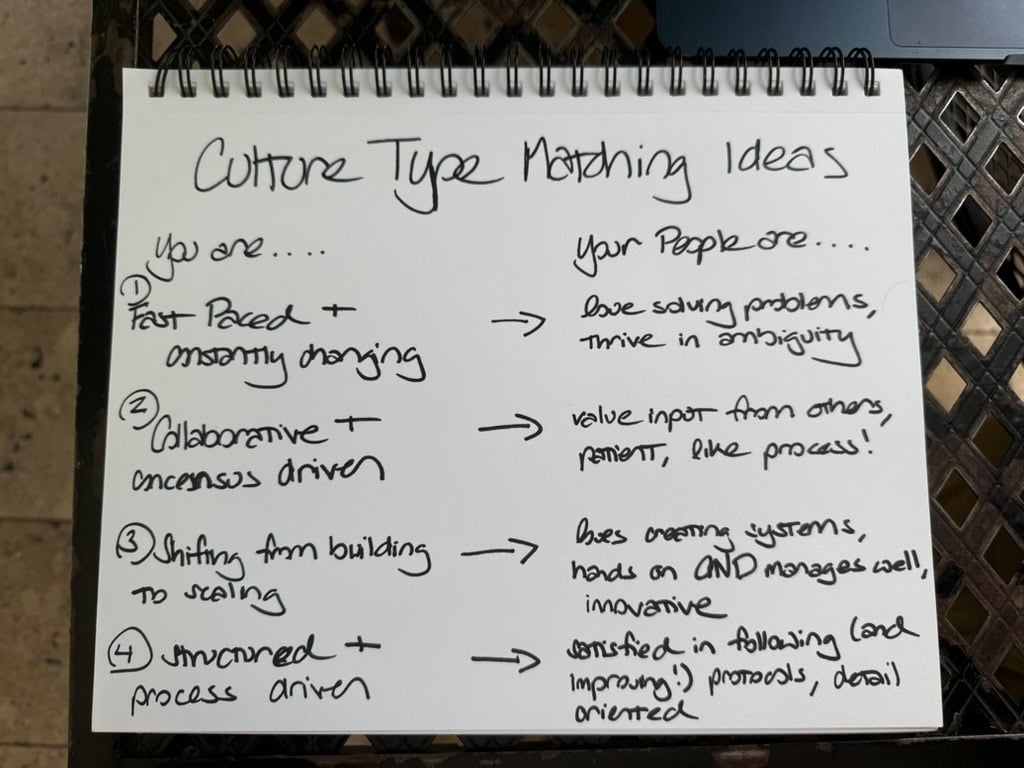 Handwritten notebook page titled "Culture Type Matching Ideas" listing four company culture types paired with corresponding ideal employee traits.