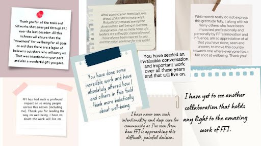 Here’s a clear, concise alt text description for the image:

**Alt text:**
A collage of handwritten and typed thank-you notes on pastel paper, taped to a wall. The messages express gratitude for a team called FTL, praising their tools, support, and positive impact on well-being, conversations, and community over the years.
