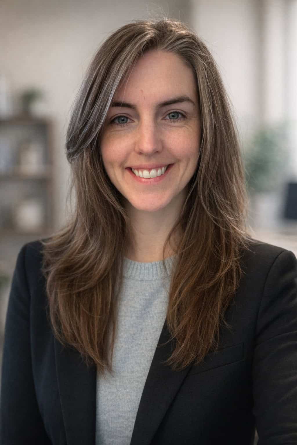 a woman in business attire smiles