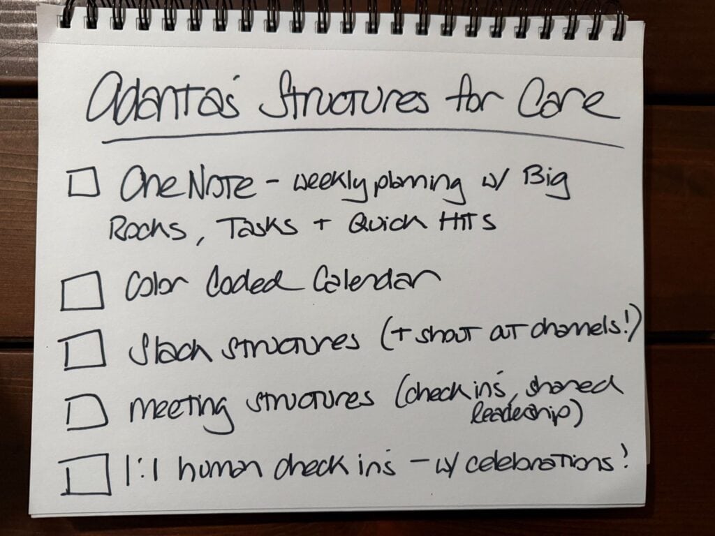 Handwritten checklist outlining organizational and team care structures, including planning tools, calendars, communication channels, meetings, and one-on-one check-ins.