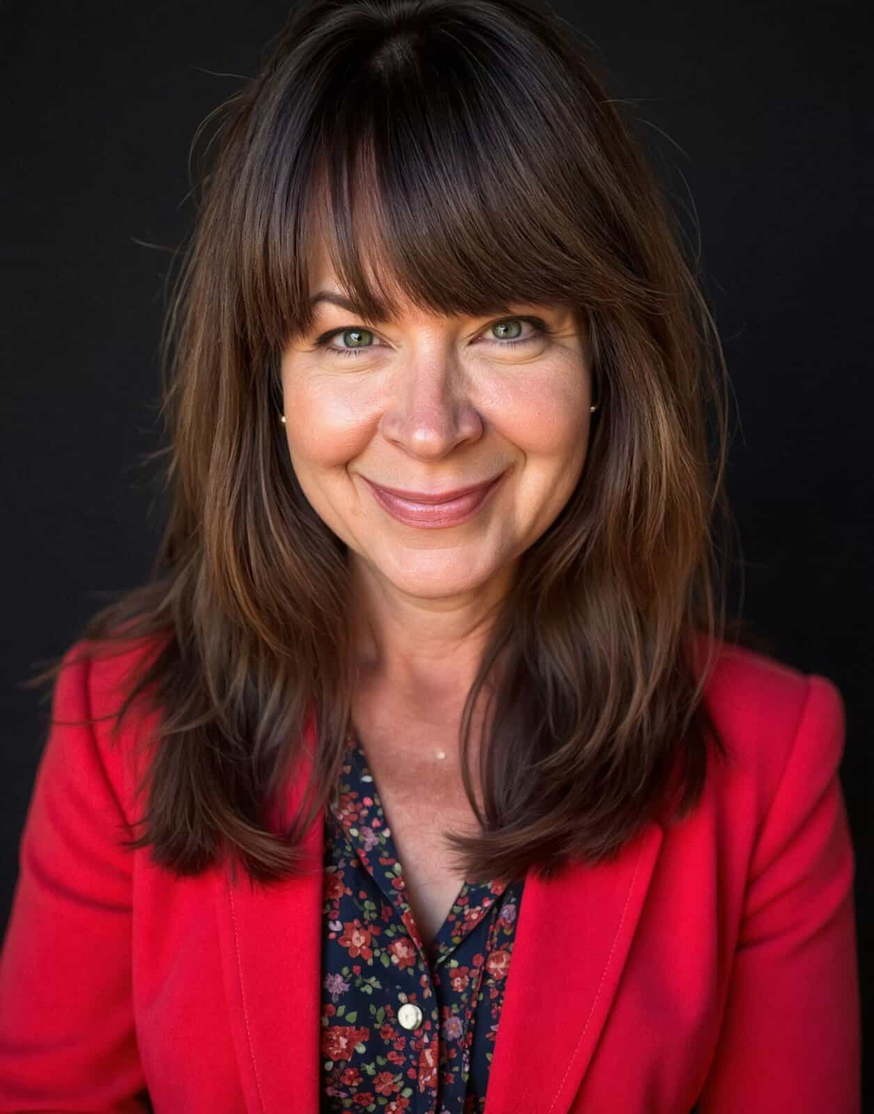 Professional headshot of Rayne Martin smiling, wearing a red blazer over a floral blouse against a dark background.